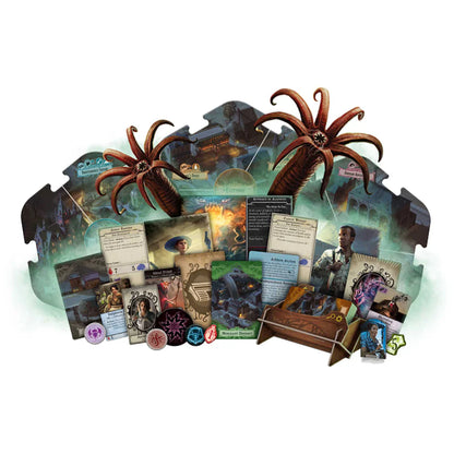 Board game set with cards and pieces on a decorative board featuring octopus designs.