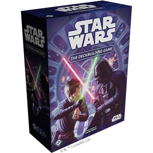 Star Wars: The Deckbuilding Game box with characters holding lightsabers on a white background