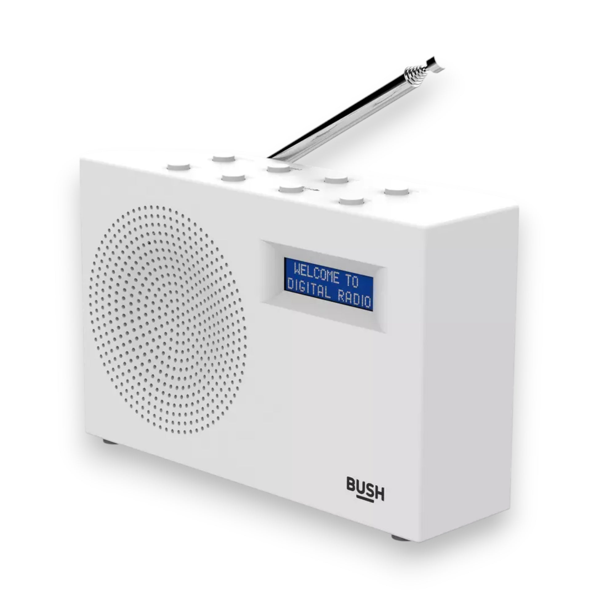 Bush compact portable DAB/FM radio in white. Clear sound, digital display & lightweight design. Perfect for home or travel. Shop now at New, Used and More!