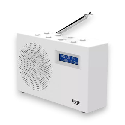 Bush compact portable DAB/FM radio in white. Clear sound, digital display & lightweight design. Perfect for home or travel. Shop now at New, Used and More!