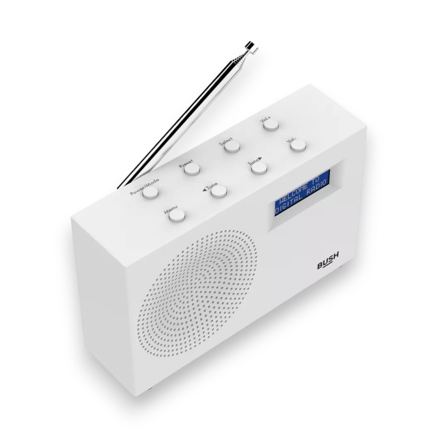 Bush compact portable DAB/FM radio in white. Clear sound, digital display & lightweight design. Perfect for home or travel. Shop now at New, Used and More!