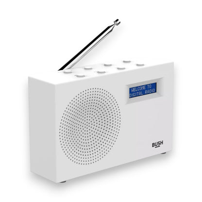 Bush compact portable DAB/FM radio in white. Clear sound, digital display & lightweight design. Perfect for home or travel. Shop now at New, Used and More!
