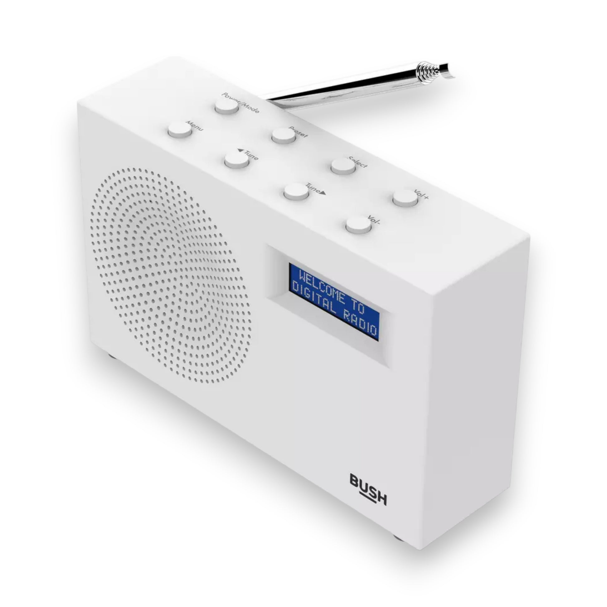 Bush compact portable DAB/FM radio in white. Clear sound, digital display & lightweight design. Perfect for home or travel. Shop now at New, Used and More!