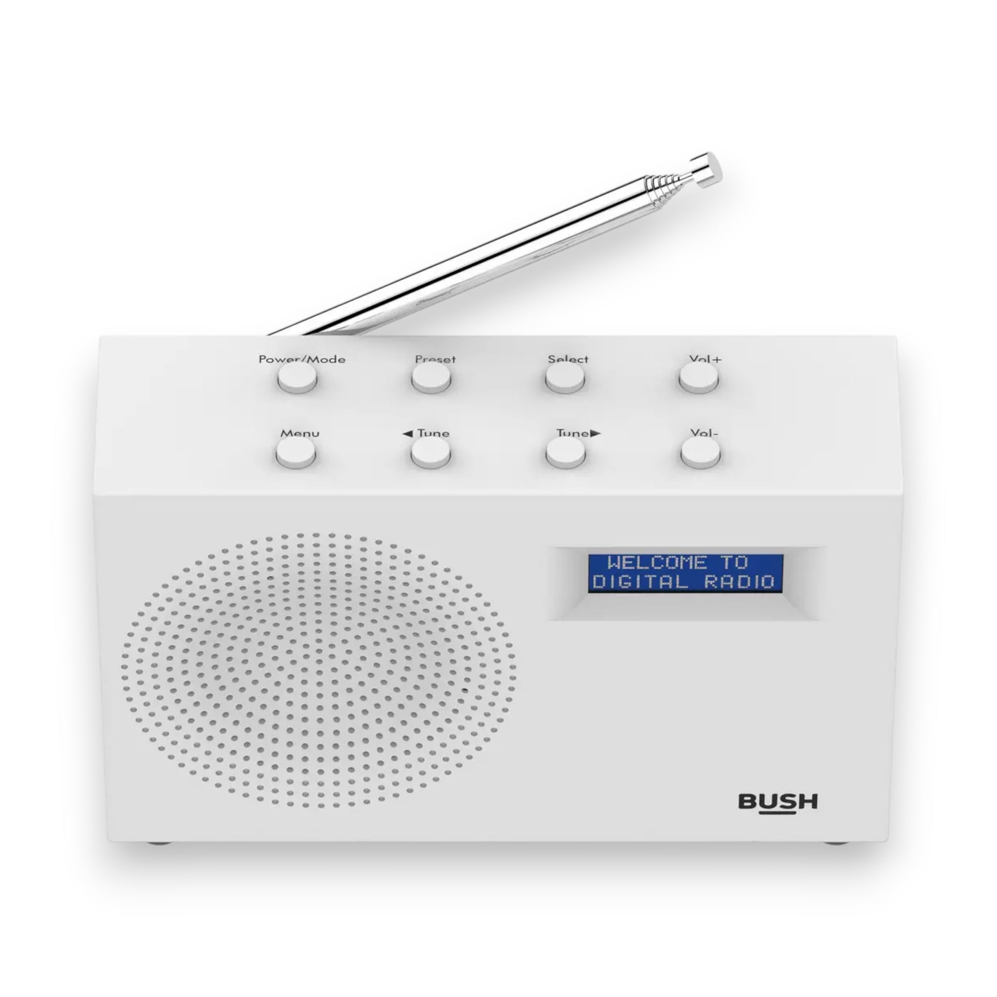Bush compact portable DAB/FM radio in white. Clear sound, digital display & lightweight design. Perfect for home or travel. Shop now at New, Used and More!