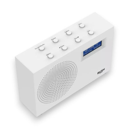 Bush compact portable DAB/FM radio in white. Clear sound, digital display & lightweight design. Perfect for home or travel. Shop now at New, Used and More!