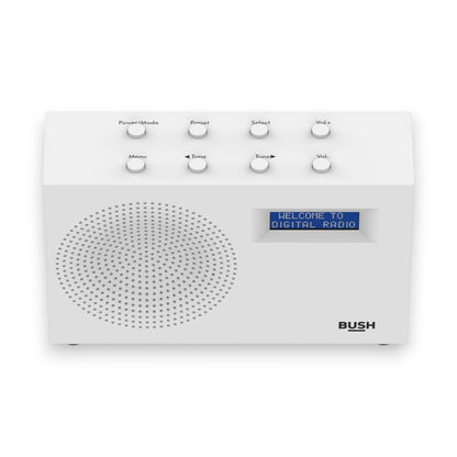 Bush compact portable DAB/FM radio in white. Clear sound, digital display & lightweight design. Perfect for home or travel. Shop now at New, Used and More!