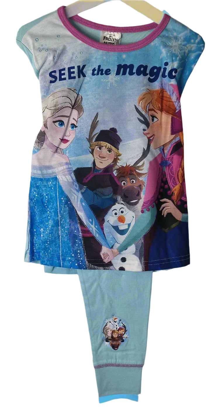 Frozen-themed children's pajama set with characters and 'Seek the magic' text on a white background.