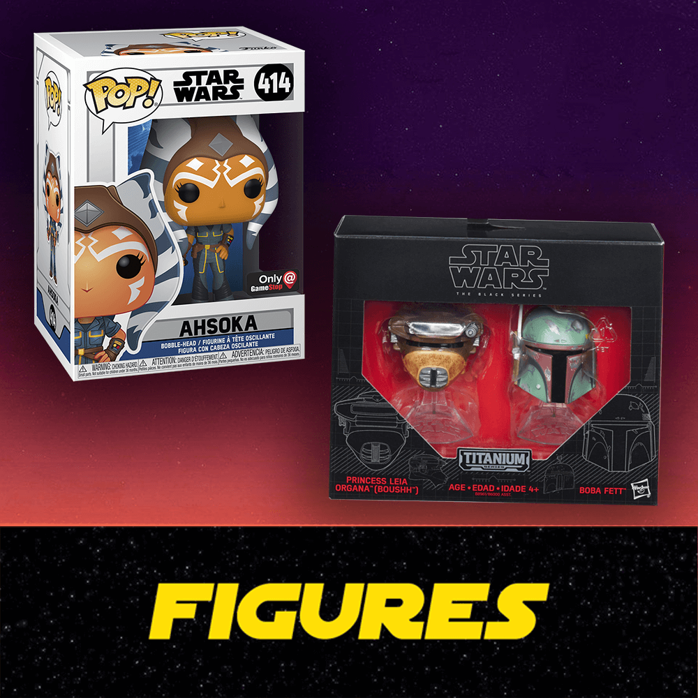 Two Star Wars figures in packaging with a dark background