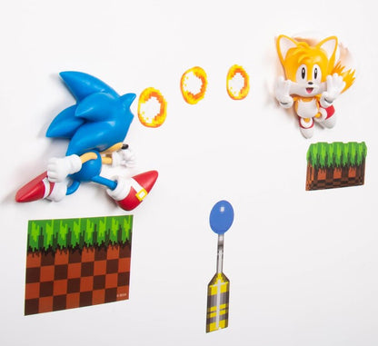 Sonic the Hedgehog and Tails action figures with rings and platform on a white background