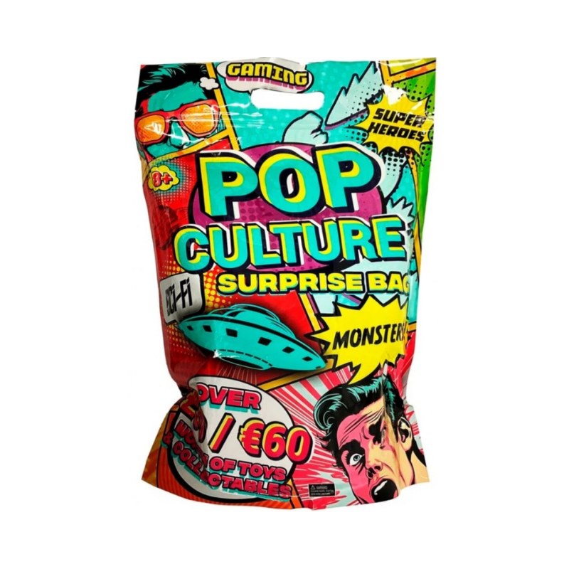 Colorful packaging of a 'Pop Culture Surprise Bag' with superhero and monster graphics on a white background.