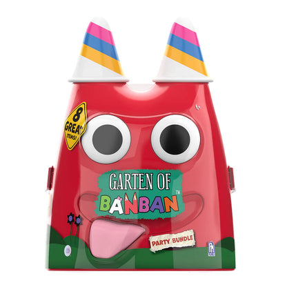 Red toy with googly eyes and colorful hat, featuring 'Garten of Banban' branding.