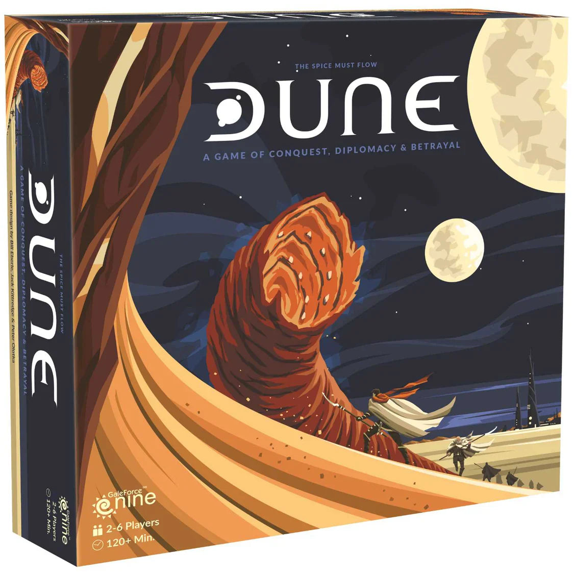 Board game box for 'Dune' with desert scene and 'Dune' logo.