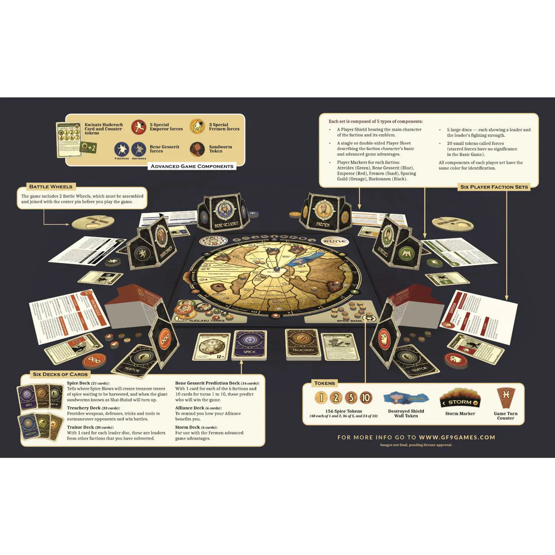Board game packaging with components and rules on a dark background