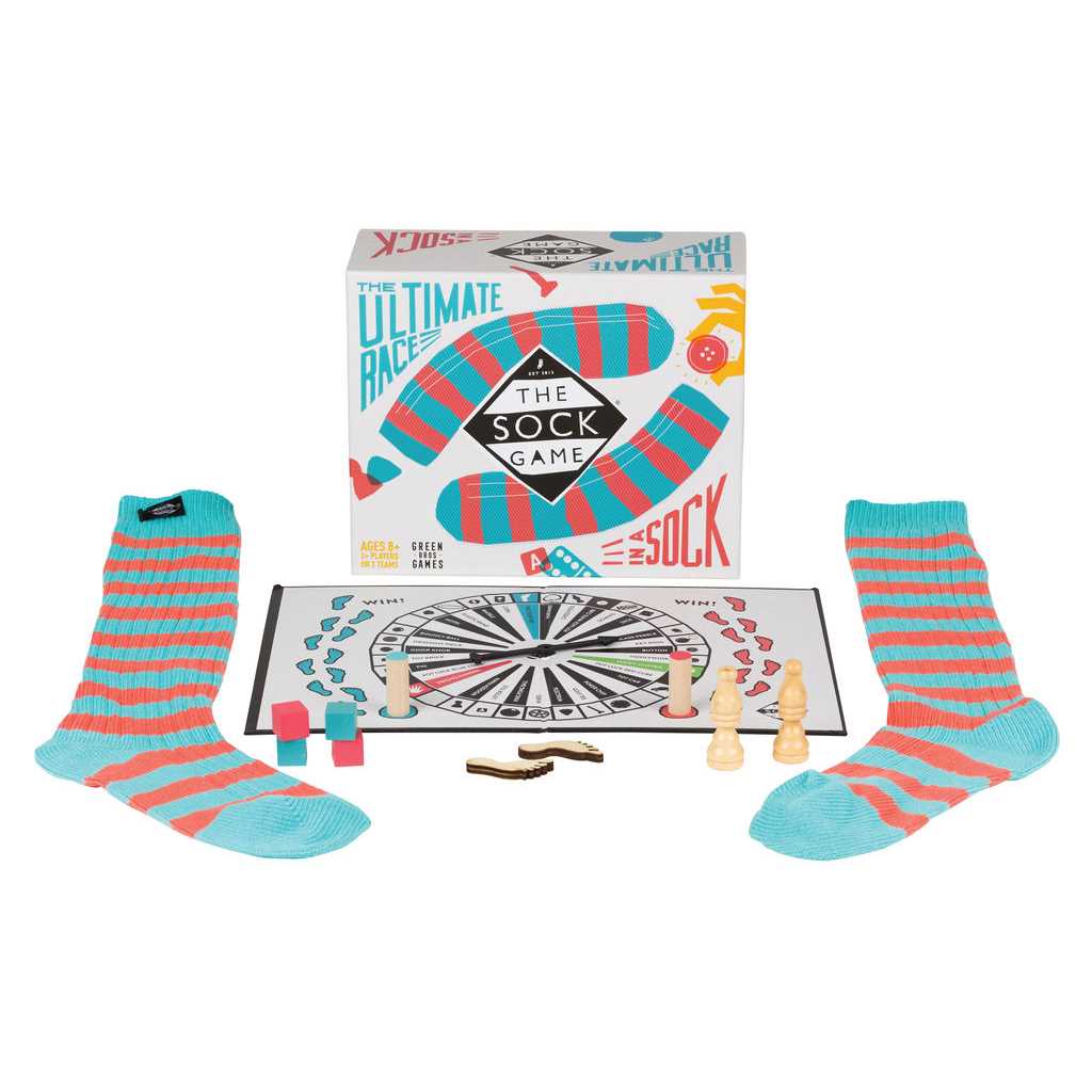 Board game set with striped socks and game board on a white background