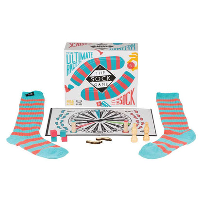 Board game set with striped socks and game board on a white background