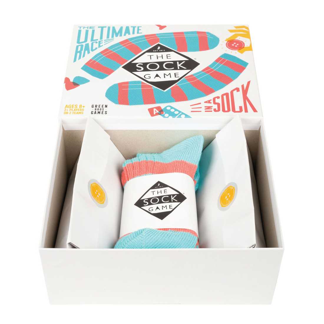 Box of 'The Sock Game' with colorful socks inside