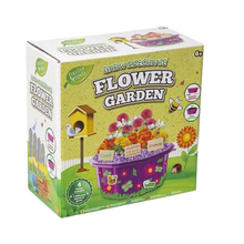 Box of a 'Grow & Decorate Flower Garden' kit with colorful illustrations on a white background.