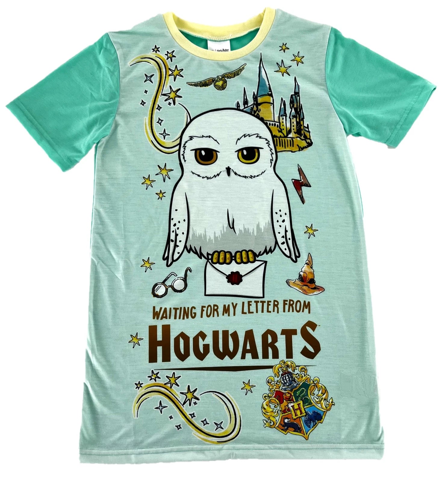 T-shirt with owl graphic and Hogwarts text on a light blue background