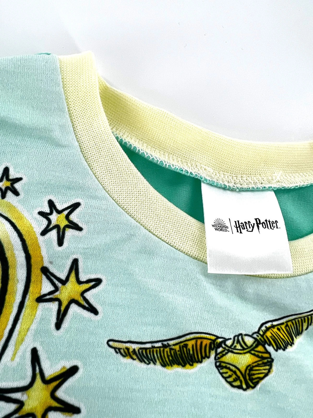 Teal shirt with yellow accents featuring a Harry Potter logo and text.