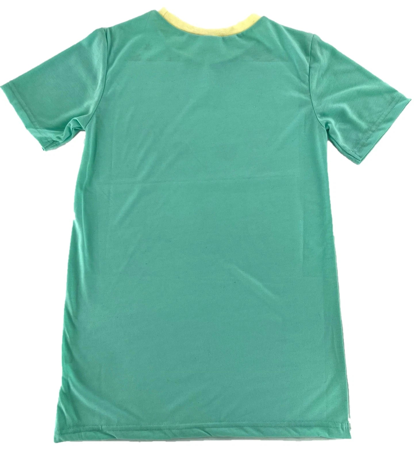 Green t-shirt with yellow trim on a white background