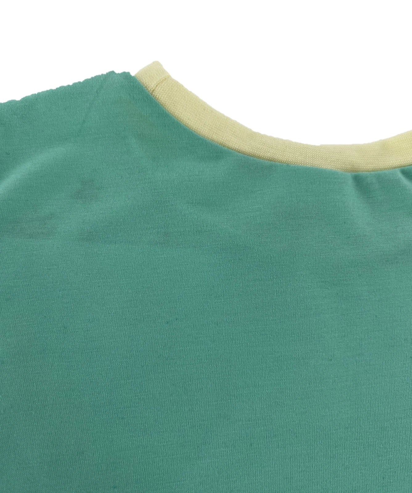 Close-up of a green shirt with beige collar on a white background