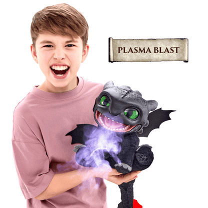 Child holding a plush dragon toy with 'Plasma Blast' feature on a white background