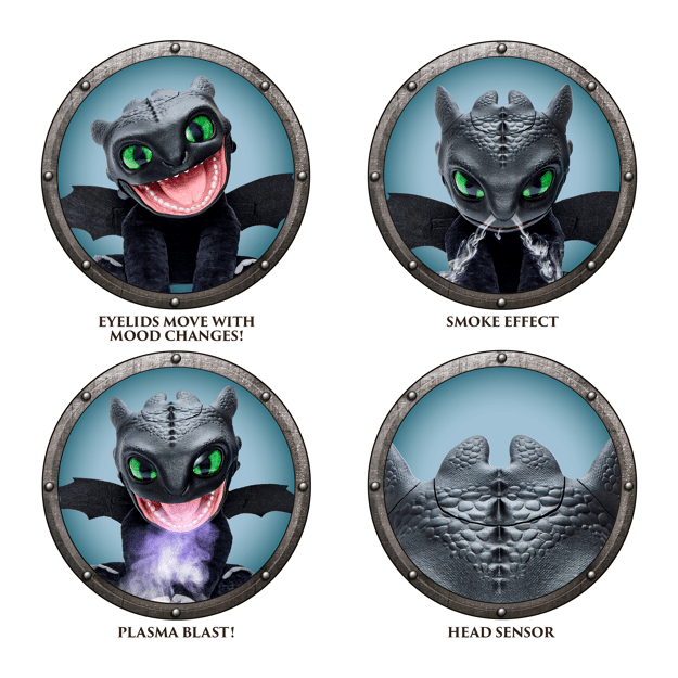 Four circular panels showcasing features of a dragon toy with text describing its functions.