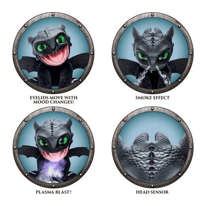 Four circular panels showcasing features of a dragon toy with text describing its functions.