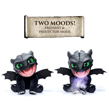 Two dragon-like plush toys with a banner indicating 'Two Moods! Friendly & Protector Mode' on a white background.