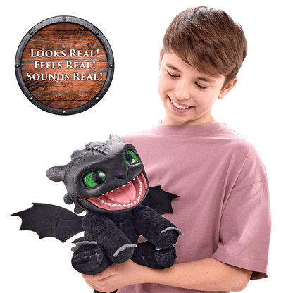 Child holding a plush dragon toy with text 'Looks Real! Feels Real! Sounds Real!'