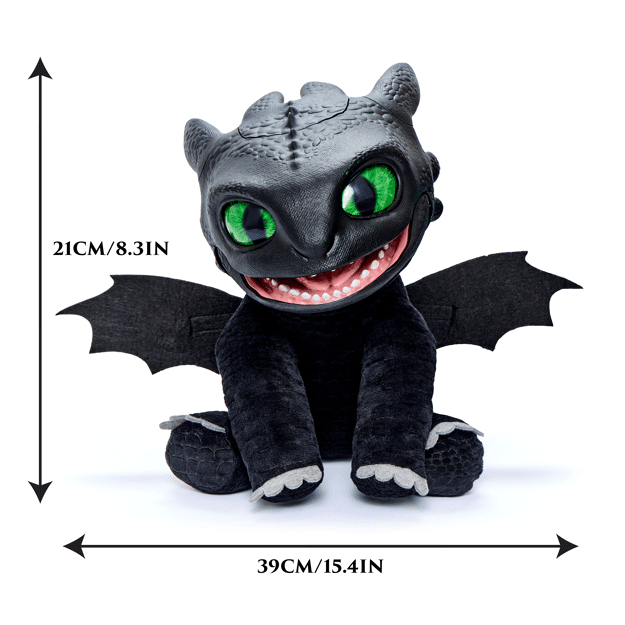 Plush dragon toy with green eyes and measurements on a white background