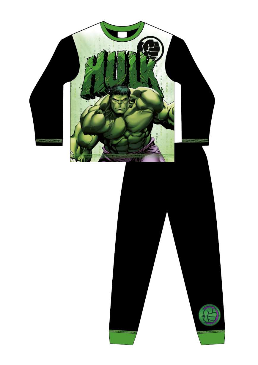 Hulk-themed children's pajama set with green and black design on a white background