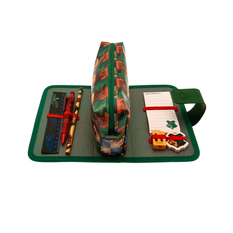 Pencil case with stationery items on a white background