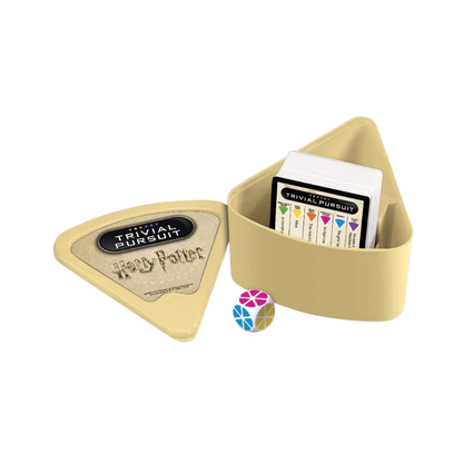 Triangular beige container with 'Trivial Pursuit' branding on a white background