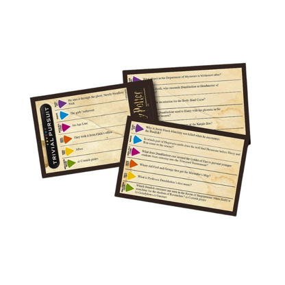 Set of trivia cards from a game on a white background