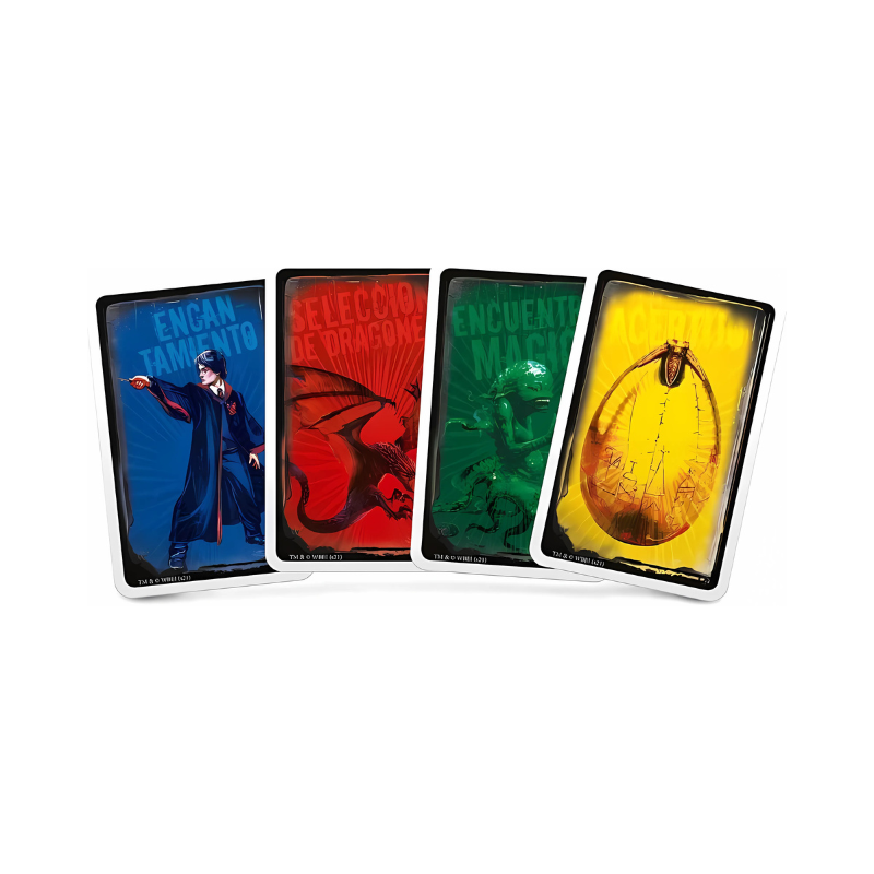 Four colorful playing cards with different designs on a white background