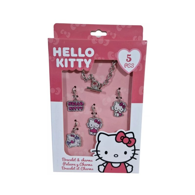 Hello Kitty bracelet and charm set packaging with pink background