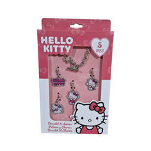 Hello Kitty bracelet and charm set packaging with pink background