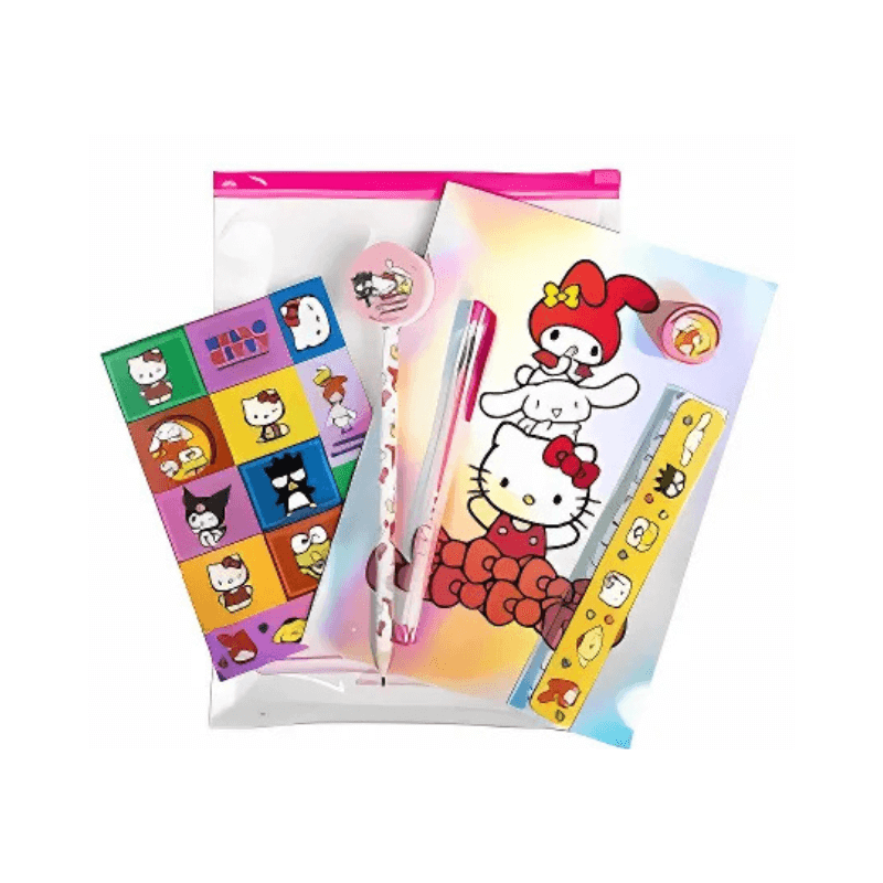 Hello Kitty stationery set with pen, stickers, and notepad in a clear bag on a white background