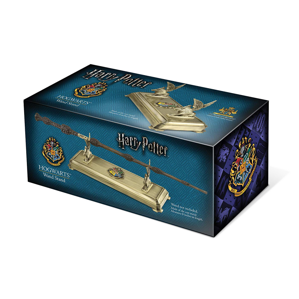 Box for Harry Potter Hogwarts Wand Stand with gold wand and decorative elements on a blue background