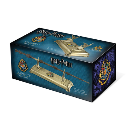 Box for Harry Potter Hogwarts Wand Stand with gold wand and decorative elements on a blue background