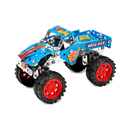 Toy monster truck with blue body and red wheels on a white background