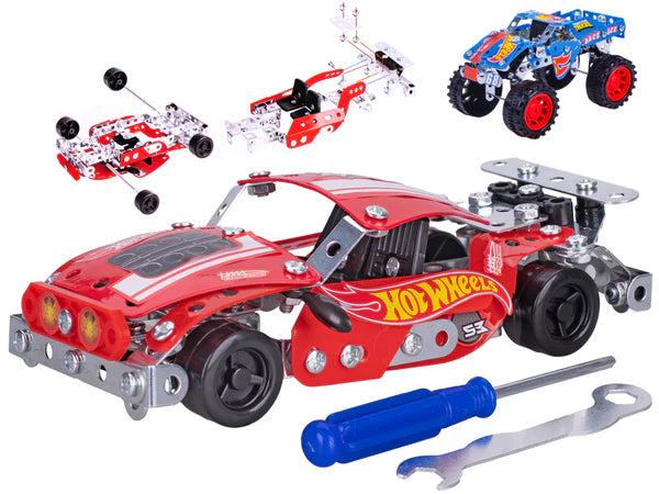 Hot Wheels toy car set with detachable parts and tools on a white background