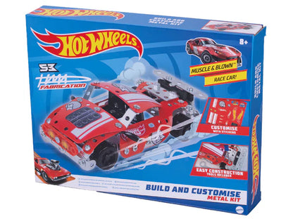 Hot Wheels build and customise metal kit packaging with red race car on blue background