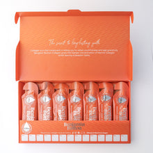 Orange packaging of Benjamin Button Collagen with multiple bottles inside on a white background