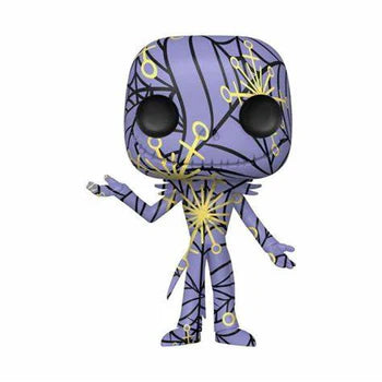 Purple and yellow skeleton figurine Jack Skellington on a white background