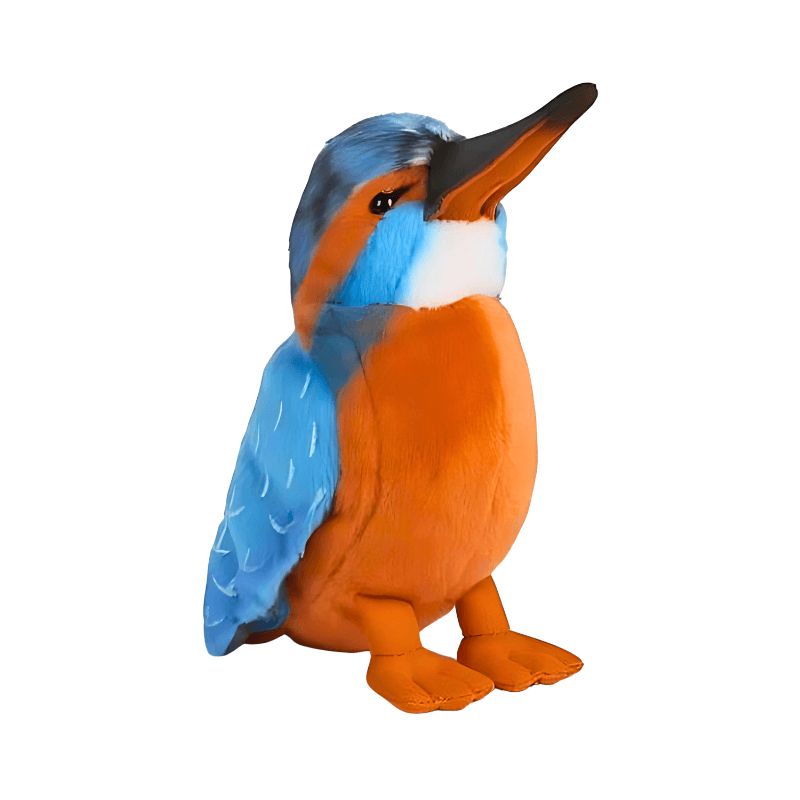 Plush toy of a kingfisher bird with blue and orange colors on a white background