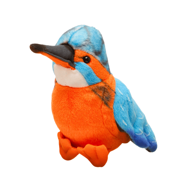 Plush toy of a kingfisher bird with blue and orange colors on a white background