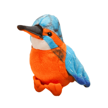 Plush toy of a kingfisher bird with blue and orange colors on a white background
