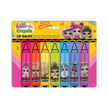 Crayola LOL Surprise lip balms packaging with six colorful lip balms on a white background